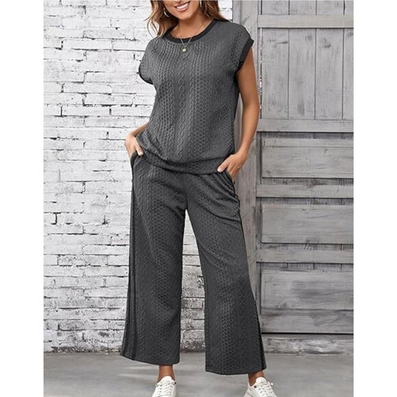 NEW SHEWIN 2 Pc. Lounge Tracksuit Set - Cap Sleeve Pullover/Wide Leg Pant - GRAY - Picture 2 of 5